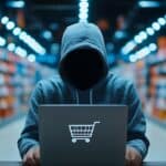 Oszust ukrywający się za osobą robiącą zakupy online z 39Beware39 znak kopiowania przestrzeni