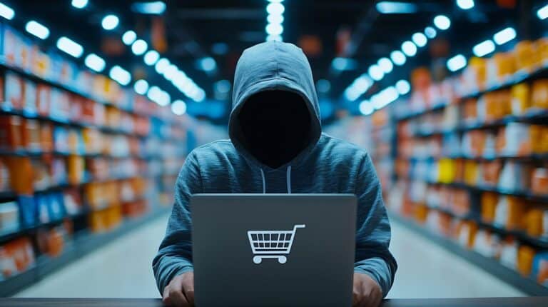 Oszust ukrywający się za osobą robiącą zakupy online z 39Beware39 znak kopiowania przestrzeni