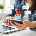 Klient oceniający sklep online za pomocą aplikacji mobilnej